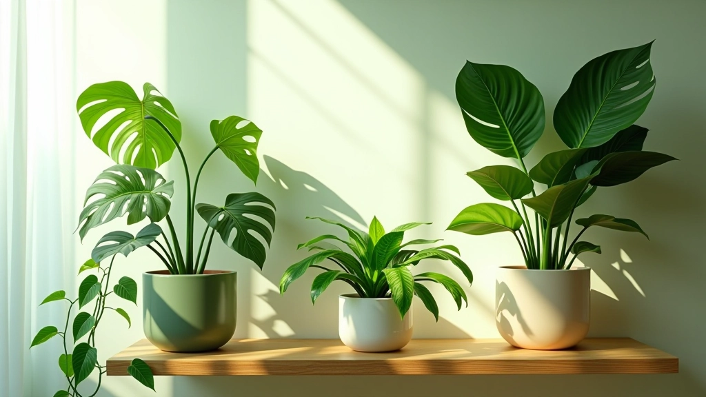 Collection of various tropical houseplants including monstera, pothos, snake plant, and bird of paradise arranged on wooden shelves in natural window light