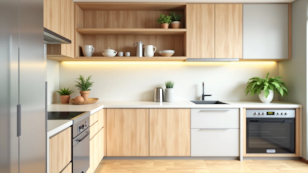 Modern condo kitchen with smart storage solutions including open shelving, pull-out drawers, and vertical organization systems maximizing compact kitchen space