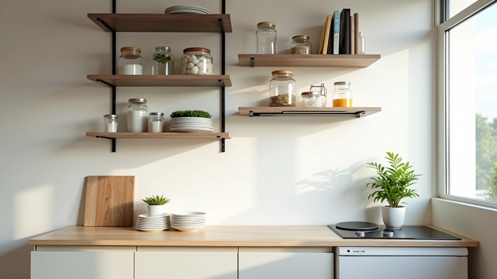 Wall-mounted kitchen shelves with organized glassware, cookbooks, and decorative items in a compact kitchen