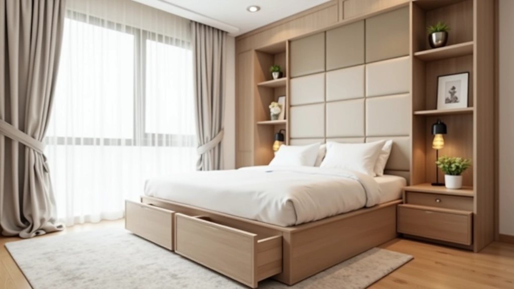 Condo bedroom with a storage bed featuring built-in drawers and shelving units, demonstrating multi-functional furniture for space optimization