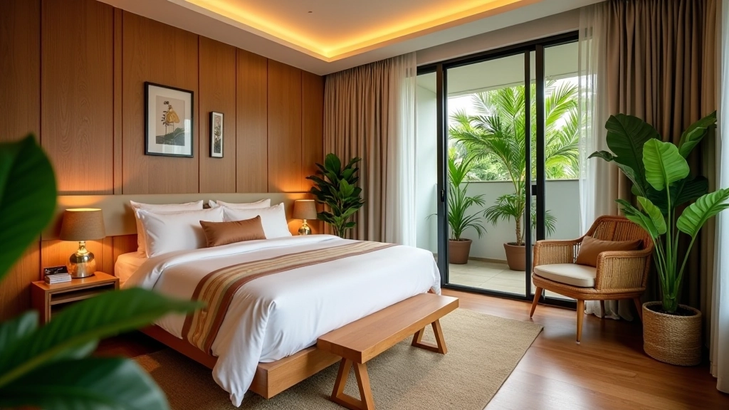 Condo bedroom with tropical plants and warm wood tones creating a nature-inspired space