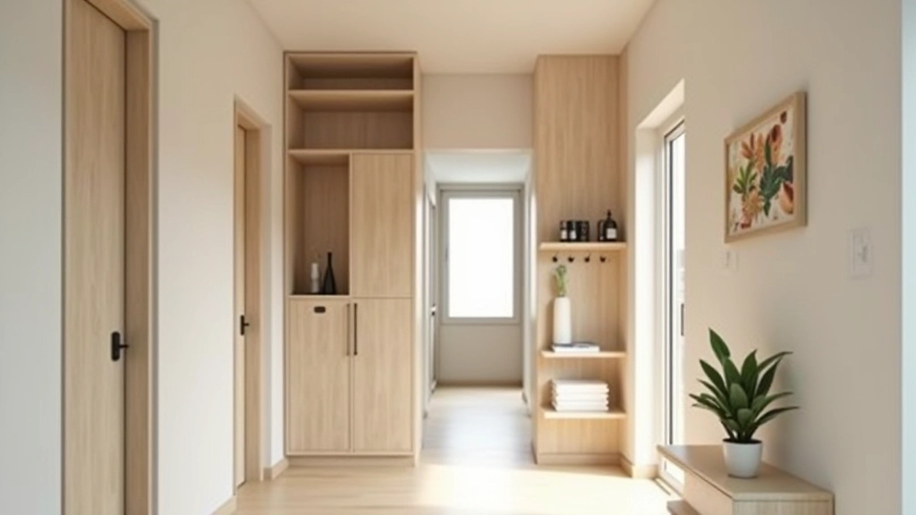 Condo entryway and hallway with vertical storage solutions including wall-mounted shelving, hooks, and cubbies demonstrating smart use of vertical space in compact areas