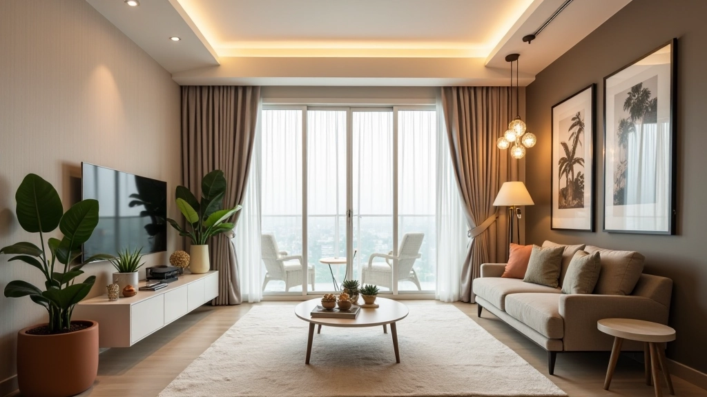 Condo living space with strategic lighting setup including natural window light, task lighting, and accent lights creating layered illumination in neutral color palette