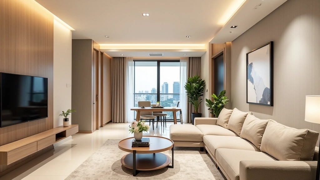 Condo living room with multi-functional furniture and neutral color scheme showing space optimization