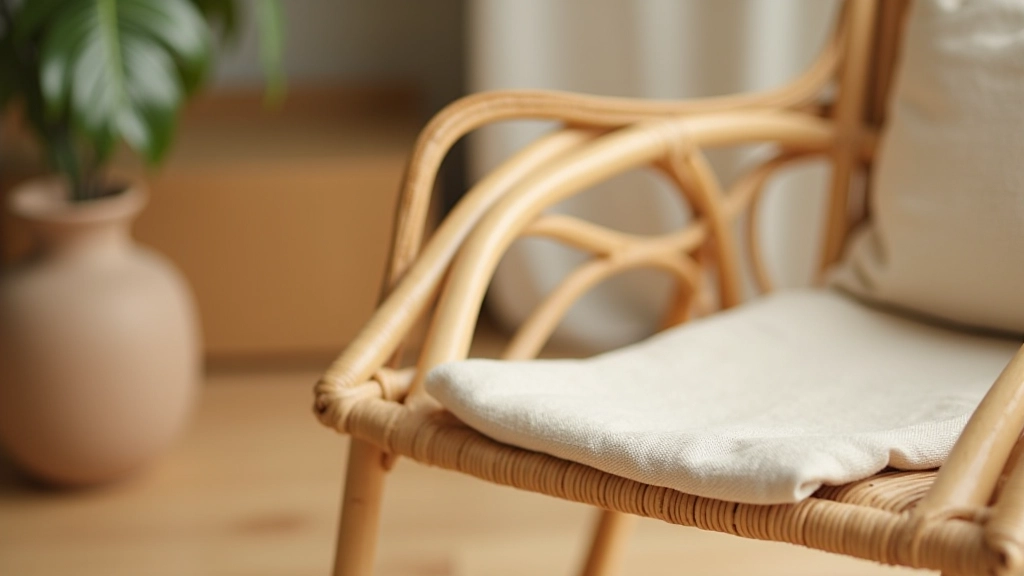 Close-up detail of mixed tropical materials including woven rattan, natural wood texture, ceramic pottery, and soft linen fabric arranged together