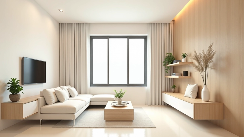 Modern HDB flat living room with light wood furniture and neutral color palette