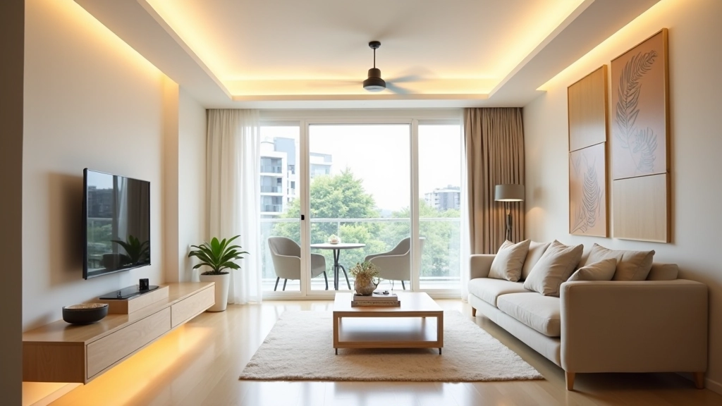 Bright HDB living room with light-colored furniture and layered lighting creating spacious atmosphere