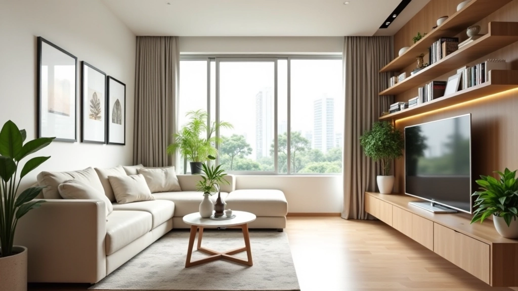Modern minimalist living room in Singapore apartment with efficient storage and tropical plants