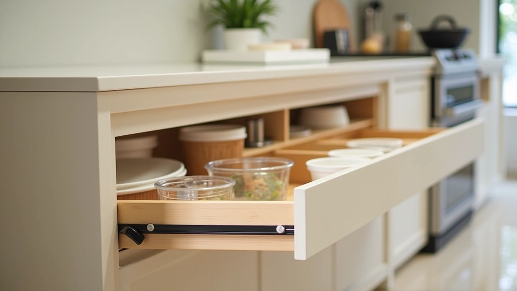 Pull-out drawer organizers and sliding basket systems installed in kitchen cabinets showing efficient space usage