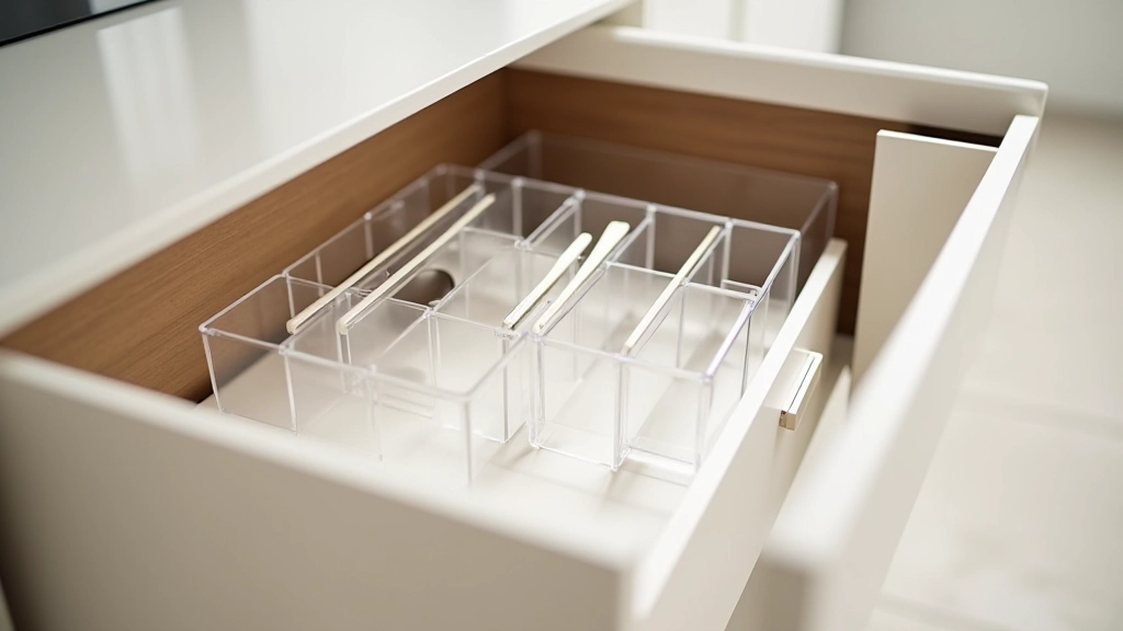 Organized kitchen drawers with clear dividers showing neatly arranged utensils, cutlery, and kitchen tools separated by category