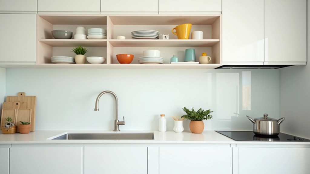 Organized kitchen with smart storage solutions, pull-out shelves, and vertical space utilization