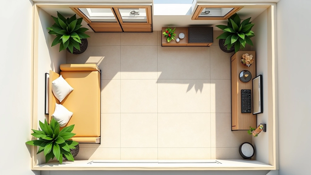Overhead floor plan view of small bedroom with tropical plants positioned strategically in corners and on shelves, furniture arrangement creating open floor space