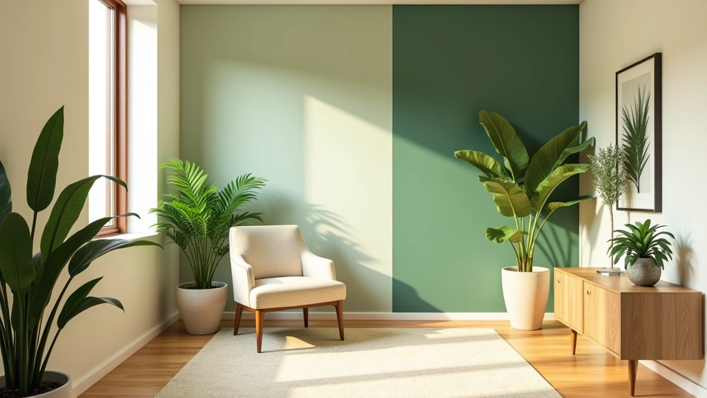 Interior of small apartment with warm beige walls, one deep sage green accent wall, natural wood furniture, and potted tropical plants creating visual depth
