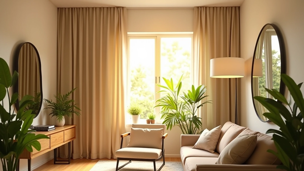 Small living room with warm pendant lighting, natural window light, mirror reflecting plants and light, creating bright tropical ambiance in compact space